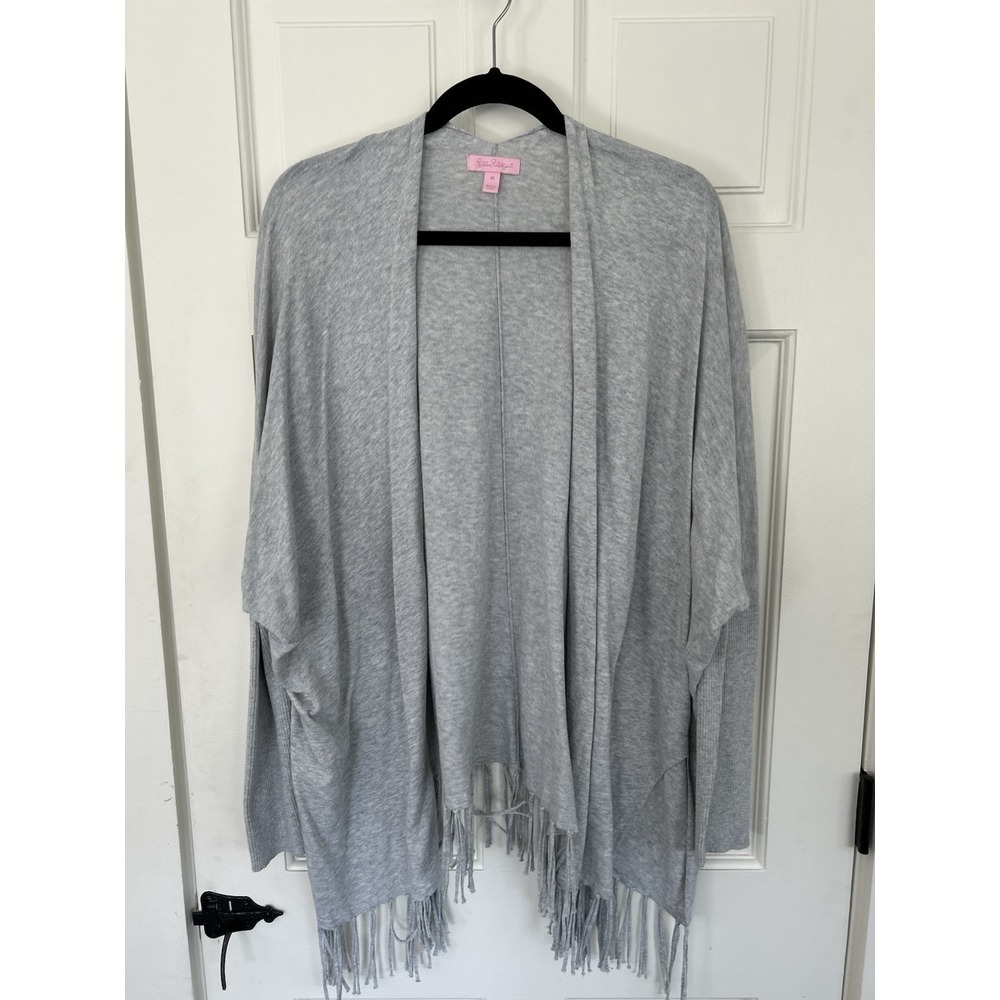 Lilly Pulitzer Light Gray Fringe Open Front Cardigan